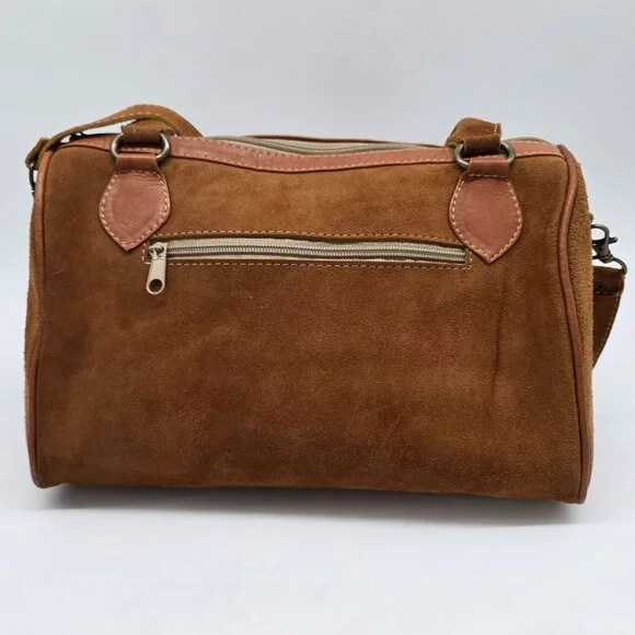 Vintage Brown Suede Satchel Embroidered Details & Multiple Zipper Pockets - Picture 3 of 13